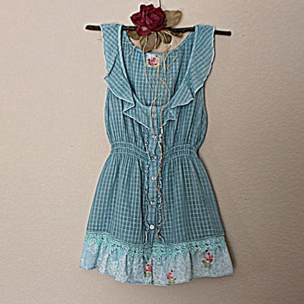 Turquoise Upcycled Top / Women's Romantic Shirt
